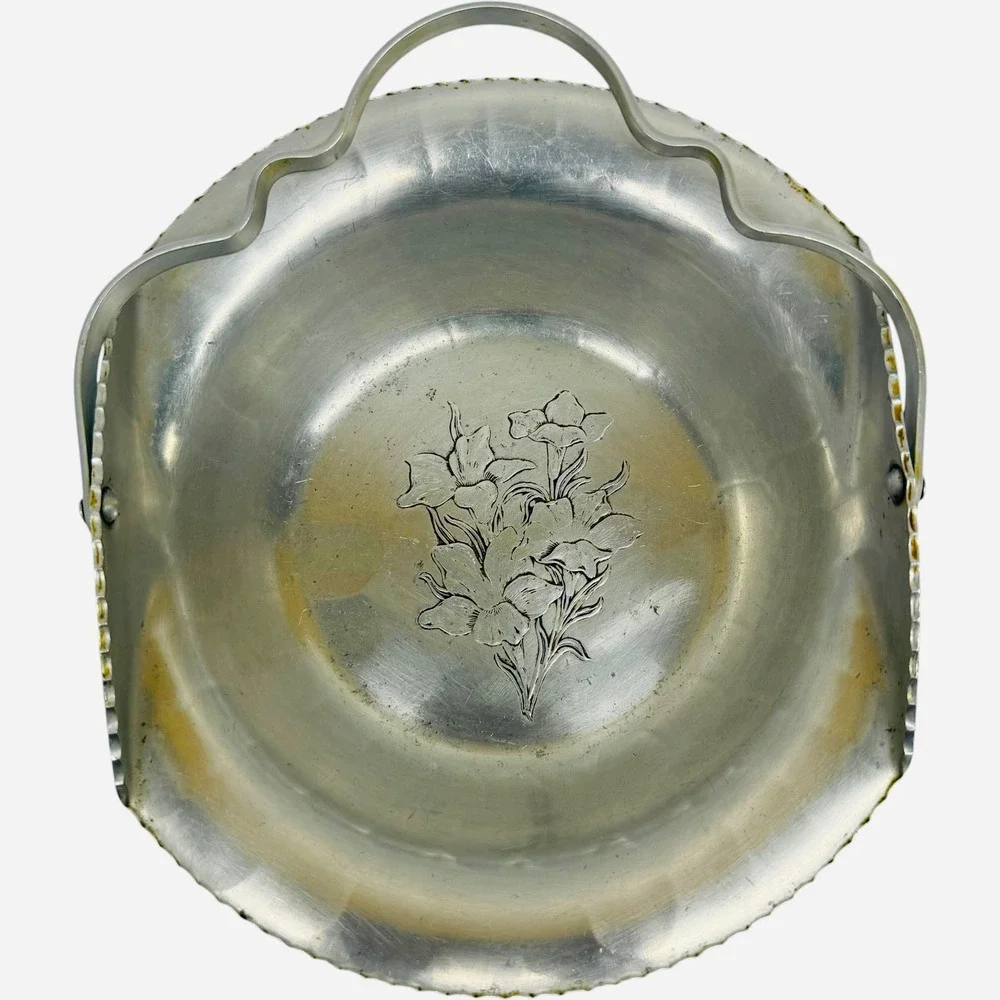 Federal Silver Co Hand Wrought Aluminum Basket Floral Lily Scalloped Bowl Vtg